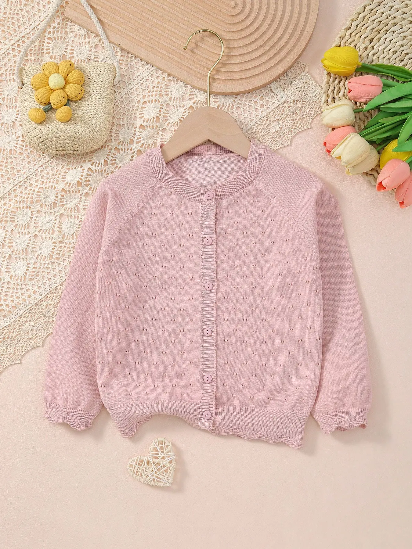 Girls Button-Up Hollow Knit Cardigan, Cute Lightweight Sweater for Baby Girls, Stylish Casual Outerwear for Spring and Fall, Baby Girl Clothes, Baby Clothing