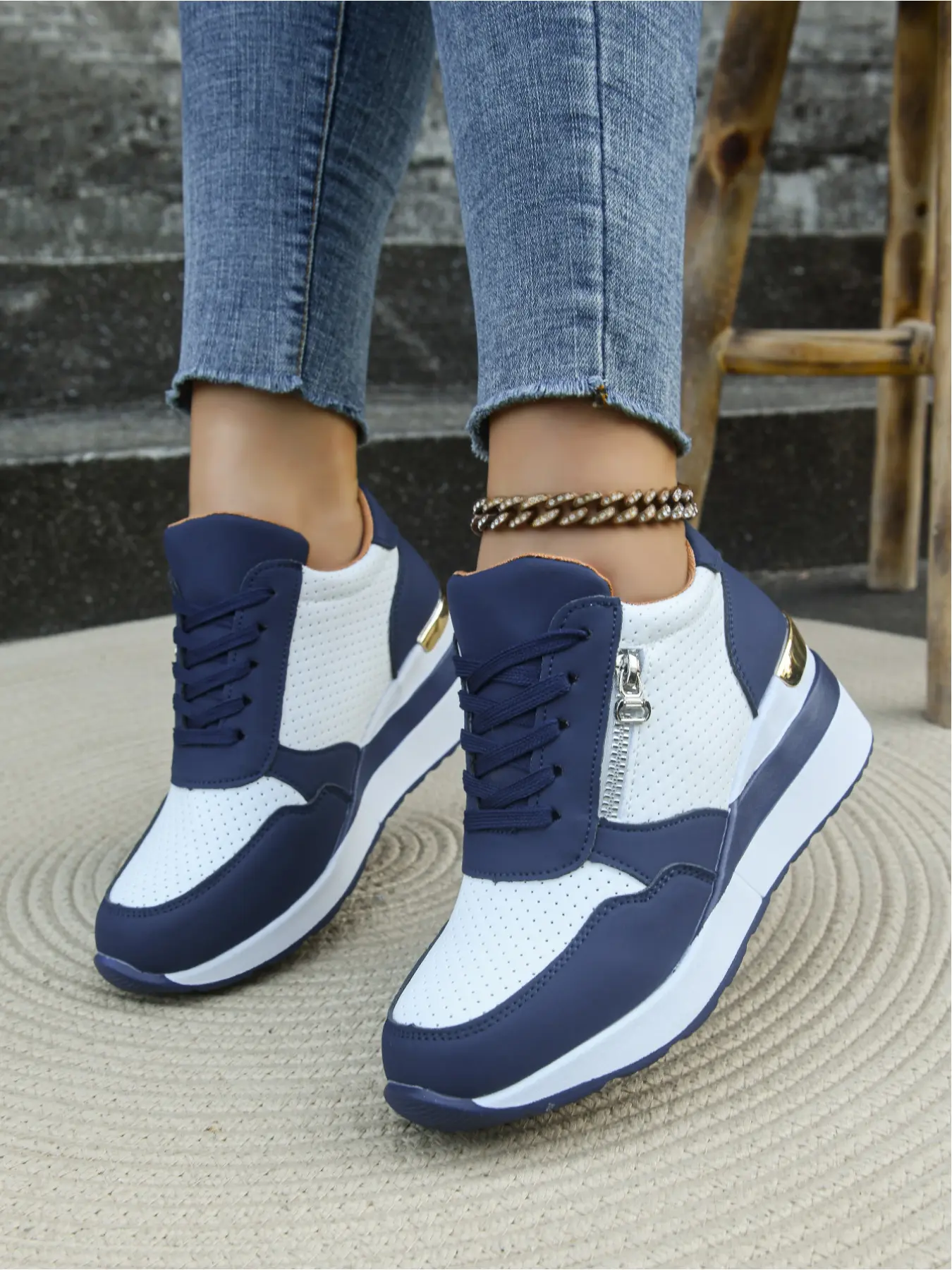 Women's Platform Casual Sneakers Color Block Side Zipper Breathable Chunky Shoes Walking Running Shoes Daily Versatile Running Footwear Colorblock Running Shoes