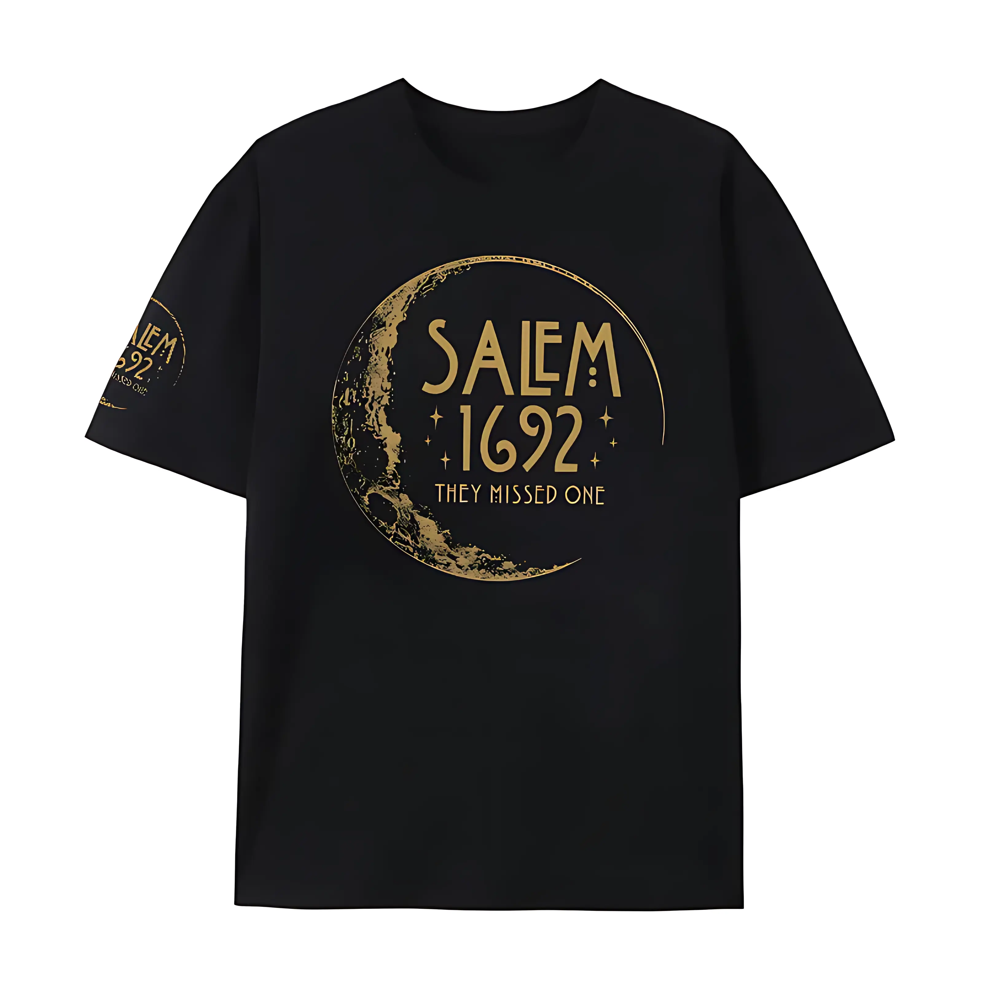 Women's Salem 1692 They Missed 1 Crescent Moon T-Shirt - Vintage Witch Halloween Graphic, Dark Witchy Mystical Casual Short-Sleeve Crewneck Top