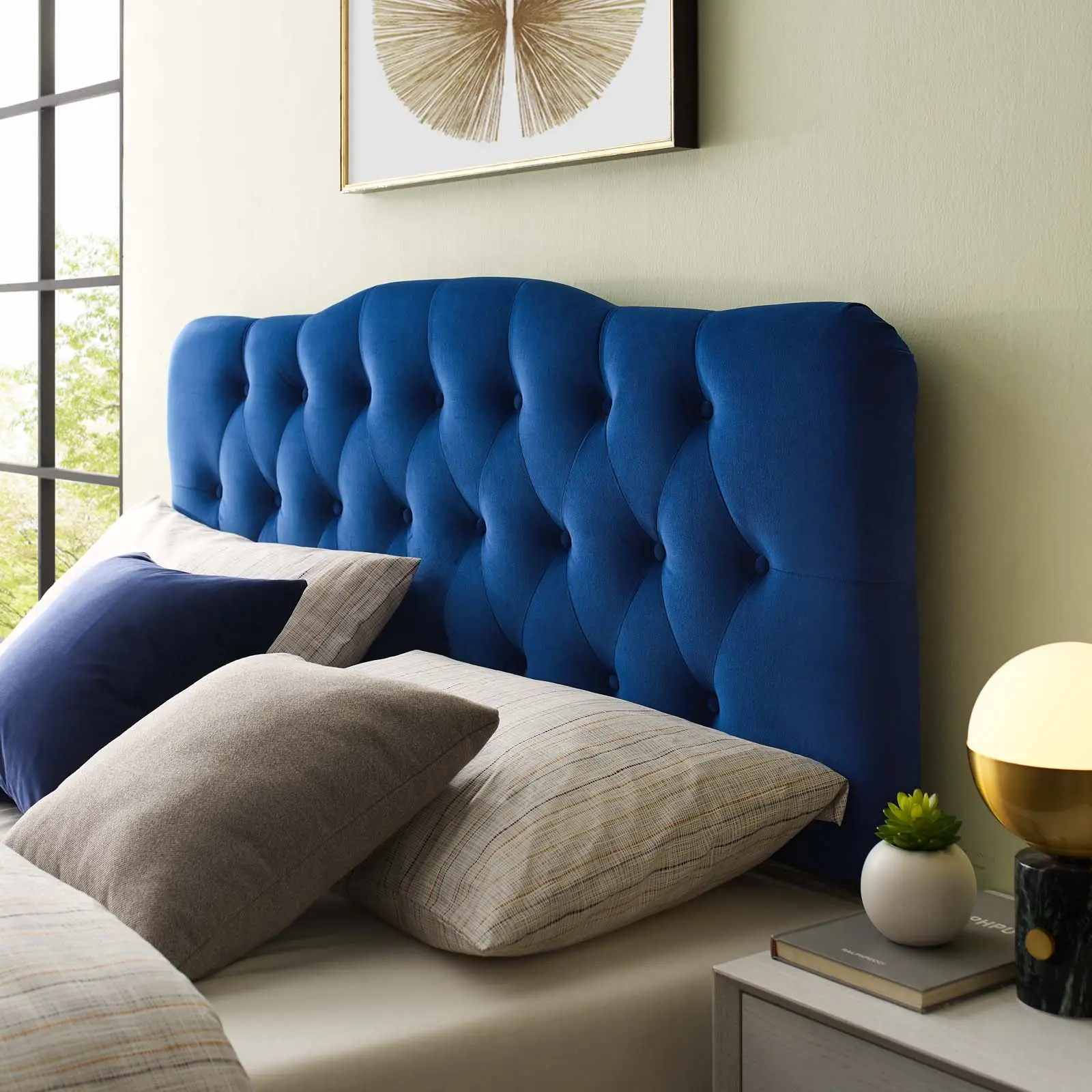 Modway Annabel Queen Upholstered Headboard - Diamond Tufted, Performance Velvet, Navy - Bedroom Furniture