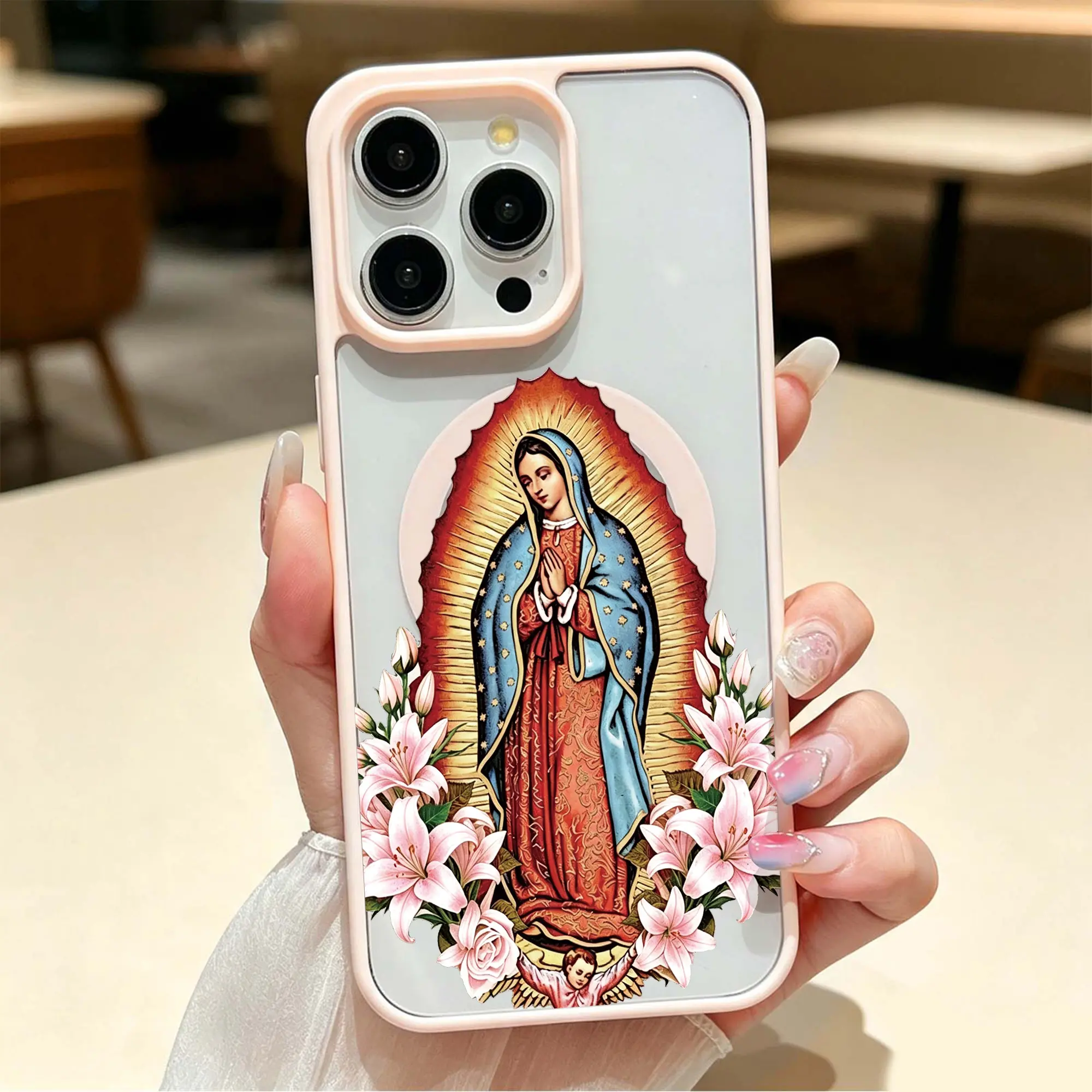 Virgin Mary Pink Floral MagSafe Phone Case | Vintage Religious Aesthetic Clear Protective Cover for iPhone 12-17 Pro Max & Galaxy S23-S26 Ultra HL