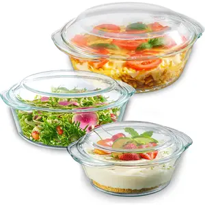 6- Glass Tureen Dishes for Oven - Durable Borosilicate Glass Bakeware Set with , Microwave Safe, Versatile Round Covered Baking Dishes. Clear  Casserole Cookware.