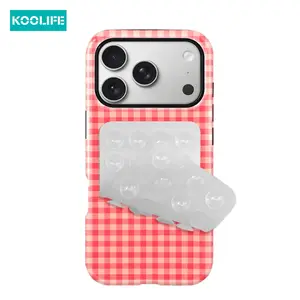 KOOLIFE 2pcs Set Pink White Gingham Pattern Case + Double Sided Silicone Suction Cup Stand Shockproof Glossy Hard Shell TPU Bumper Cute Aesthetic Phone Cover for iPhone 17 16 15 14 13 12 11 Pro Max Plus XR XS X Farmhouse Style Gift for Women Girls