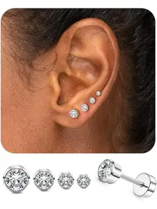 4 Pairs G23 Titanium Stud Earrings for Women Girls Silver Earrings Set Cubic Zirconia Nickel Free Mens Earrings Cartilage Earrings Hypoallergenic for Sensitive Ears 3/4/5/6mm Hypoallergenic Jewelry