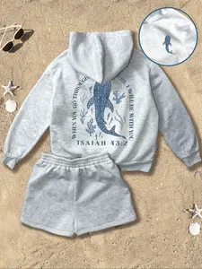 Faith and Ocean Two-Piece Hoodie and Shorts Set, Outfit, Graphic, Animal, a gray set featuring whale sharks and Isaiah 43:2, essential for daily wear and religious gatherings, suitable for playdates, Sunday school. This style includes Bible verse, Clothes