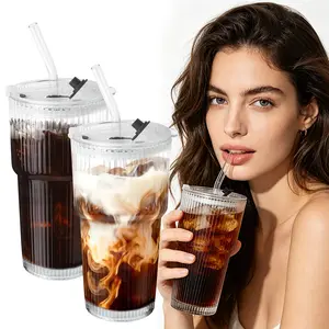 2-Pack 20oz Leak Proof Ribbed Glass Tumblers Set with Lids & Straws Durable Reusable Leak-Proof Travel-Ready for Iced Coffee Smoothies Juice Cocktails Washable Stylish Drinkware outdoorfun