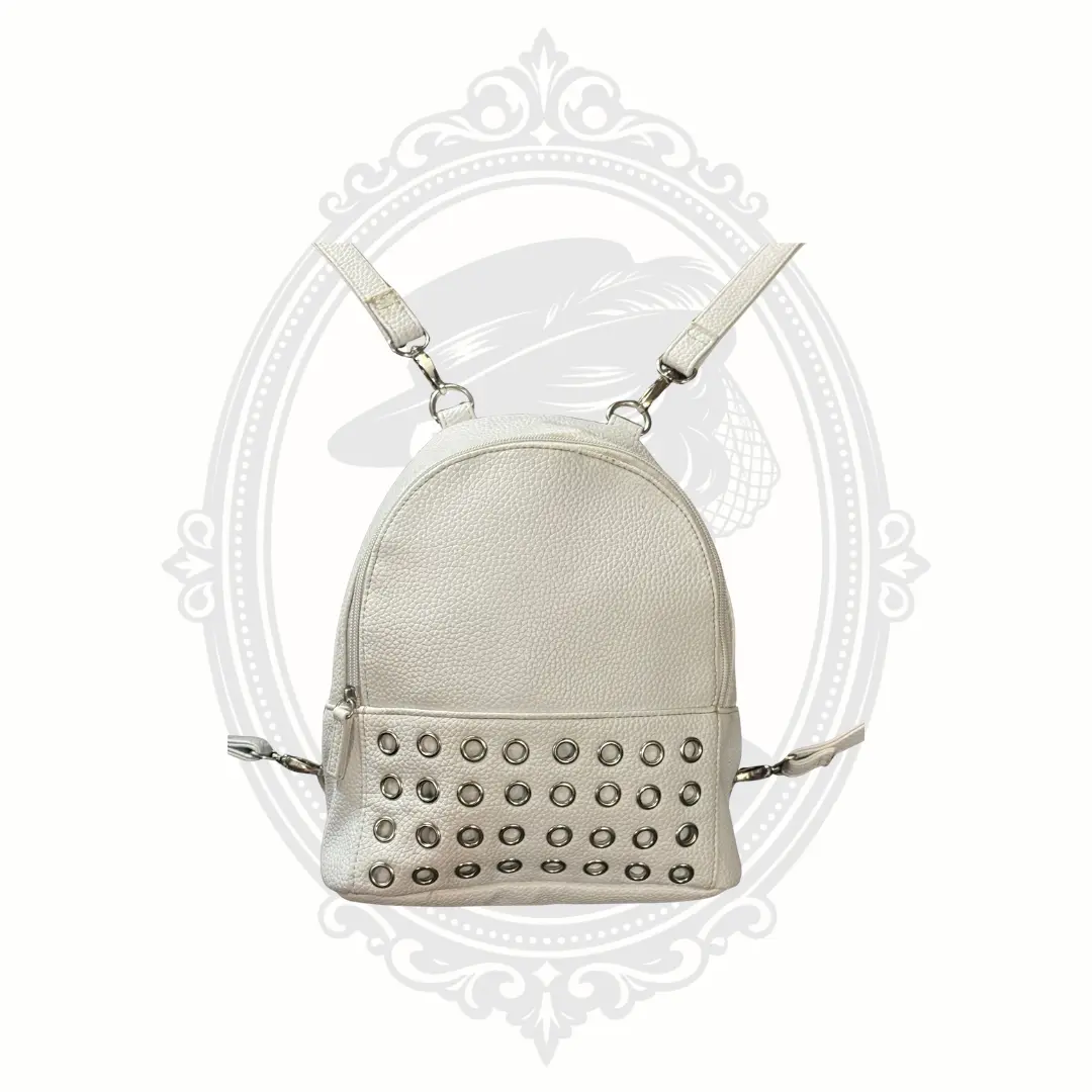 White Convertible Mini Backpack with Grommets, Clean Aesthetic Casual Style with Adjustable Shoulder Strap - Excellent Used Condition, Grommets + Clasp Attachments, Everyday Carry, Detachable Straps, Zip Top, Convertible Bag, Grommeted, Unisex