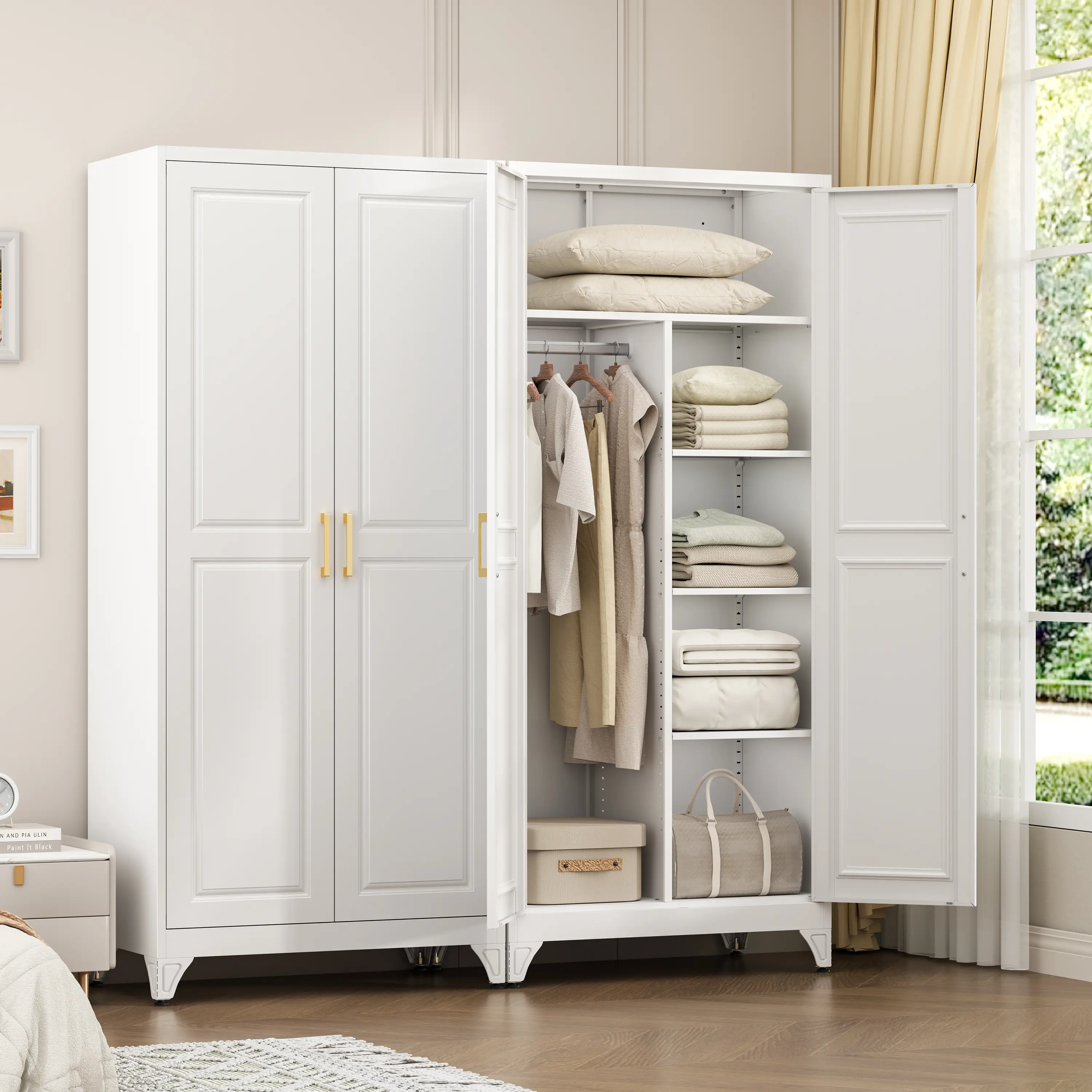 POLUP Metal Armoire Wardrobe Closet, 71" Tall Wardrobe Cabinet with 2 Doors | Heavy Duty Steel Clothing Storage Cabinet with Hanging Rod & 3 Adjustable Shelves for Bedroom, Office, Broom Closet, White