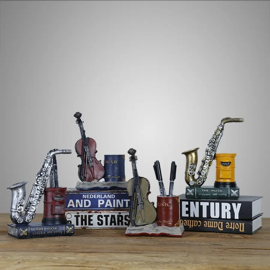 Vintage Student Creative Resin Craft Gift Ornament, Saxophone Violin Pen Holder, Unique Decorative Storage Box, Perfect for Gifts