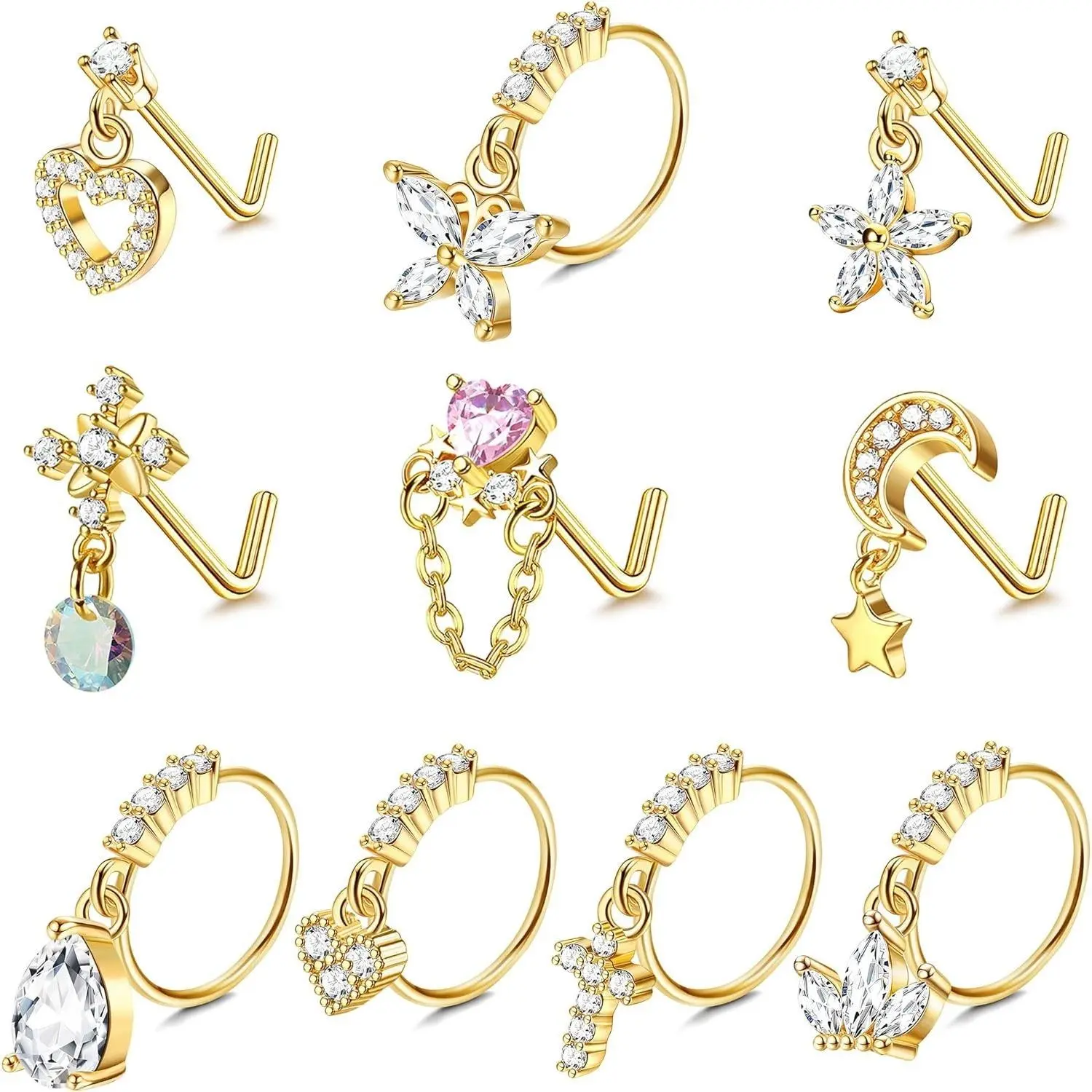 Jstyle 10 Pcs 20G Dangle Nose Rings Studs for Women 316L Stainless Steel L Shaped Nose Studs Heart Butterfly Moon Star Snowflake CZ Dangle Nose Rings Dangling Nose Piercing Jewelry Daily