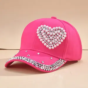 Adjustable Rose Pink Baseball Cap with Pearl Heart Rhinestone Accents  Stylish All-Season Women's Fashion Accessory, Breathable Polyester Fabric, Baseball Cap