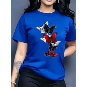 100% pure cotton, available in multiple colors, gift, holiday gift, butterfly pattern printed T-shirt, short sleeve round neck casual top for summer and spring, women's clothing