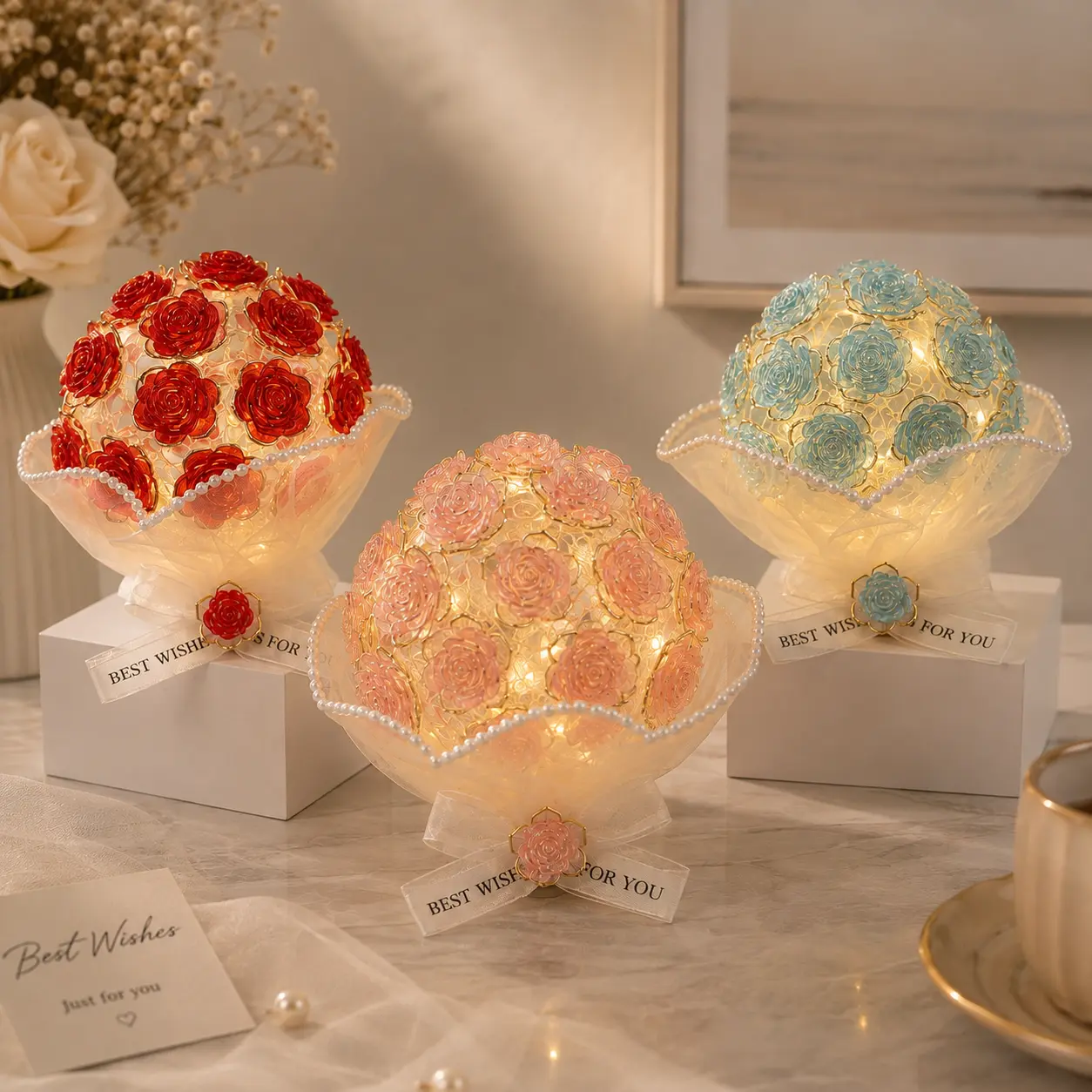 DIY Flower Lamp Craft Kit, Handmade Warm LED Light-Up Bouquet Kit, Festive Home Decor Gift for Birthday, Wedding