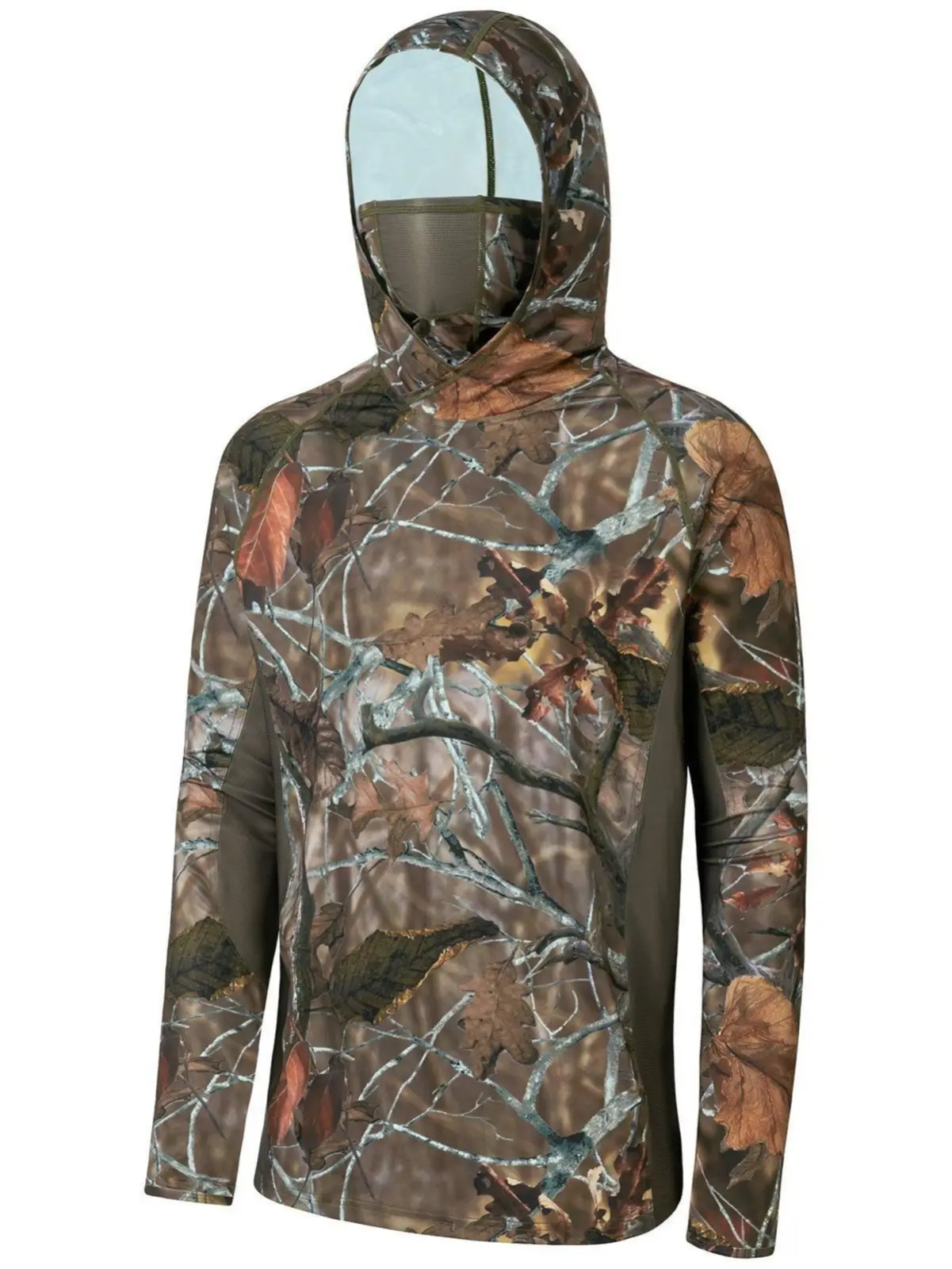 Male Camouflage Fishing Hoodie, Bamboo Fiber UPF 50+ Sun Protection Pullover with Face Cover, Quick Dry for Hunting & Hiking, Breathable, Machine Washable, Uv-Protective, Extra Large Men's Fishing Tops, 2Xl, 3Xl