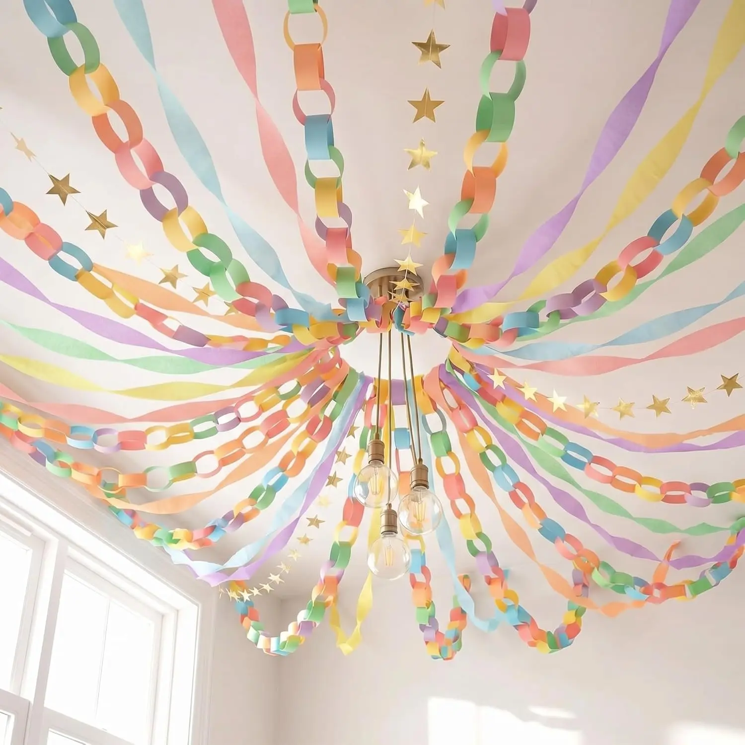 Pastel DIY Party Decor Set - 400/600 Sheet Paper Chain Garland Strips, 328/492ft Crepe Paper Streamers, 65.5ft Star Garland Ornaments for Classroom, Birthday Decorations