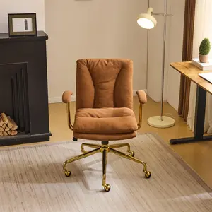 VINGLI Home Office Desk Chair Comfy with Wheels & Removable Armrests,Gold Base Vanity Chair with Back, Adjustable Rolling Swivel Computer Task Chair for Study,Makeup,Office,Bedroom,PU Leather,White