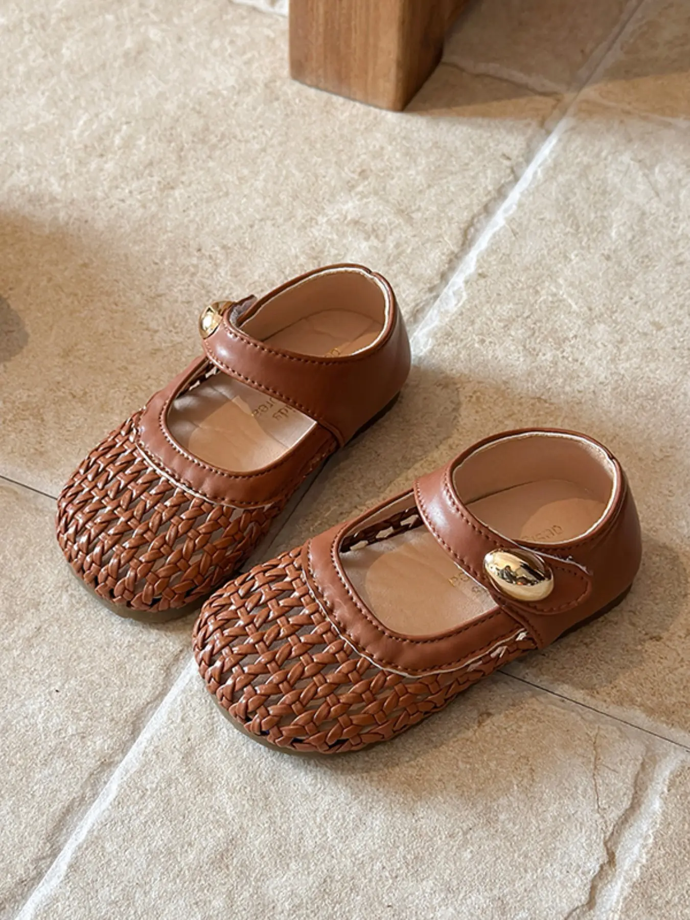 Summer French Style Princess Girl Retro Roman Weave Fashionable Sandals, Hollow Out Breathable PU Leather Kids Soft Sole Mary Jane Shoes