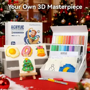 24 Acrylic Paint Markers + 3D Magic Texture Sheets Set – Expand with Water, Create Raised Art Easily