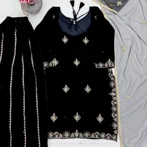 Women's Black Full-Sleeves Sharara Velvet Suit Indian Party Wear Wedding Winter Collection with Embellishments