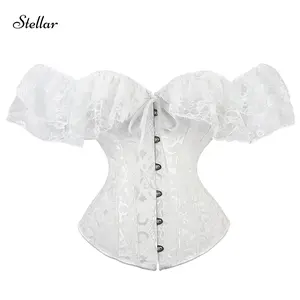 Women Lace Short Sleeve Corset, Solid Color Tie-up Boat Neck Close-fitting Crop Tops, White/ Black
