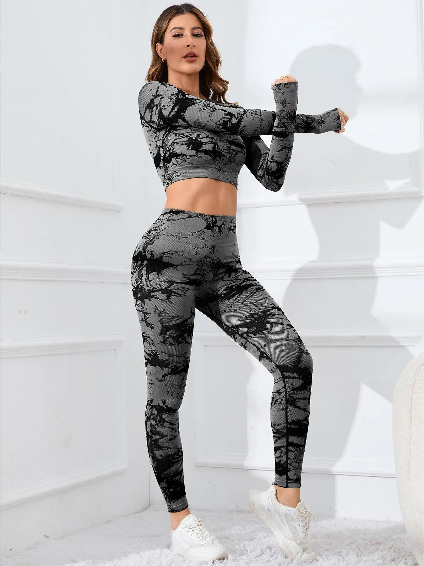 Women's Tie Dye Print Tracksuit Set, Sporty Raglan Sleeve Crop Top & High Waist Leggings, Ladies Sportswear Clothing for Summer Indoor Outdoor Wear