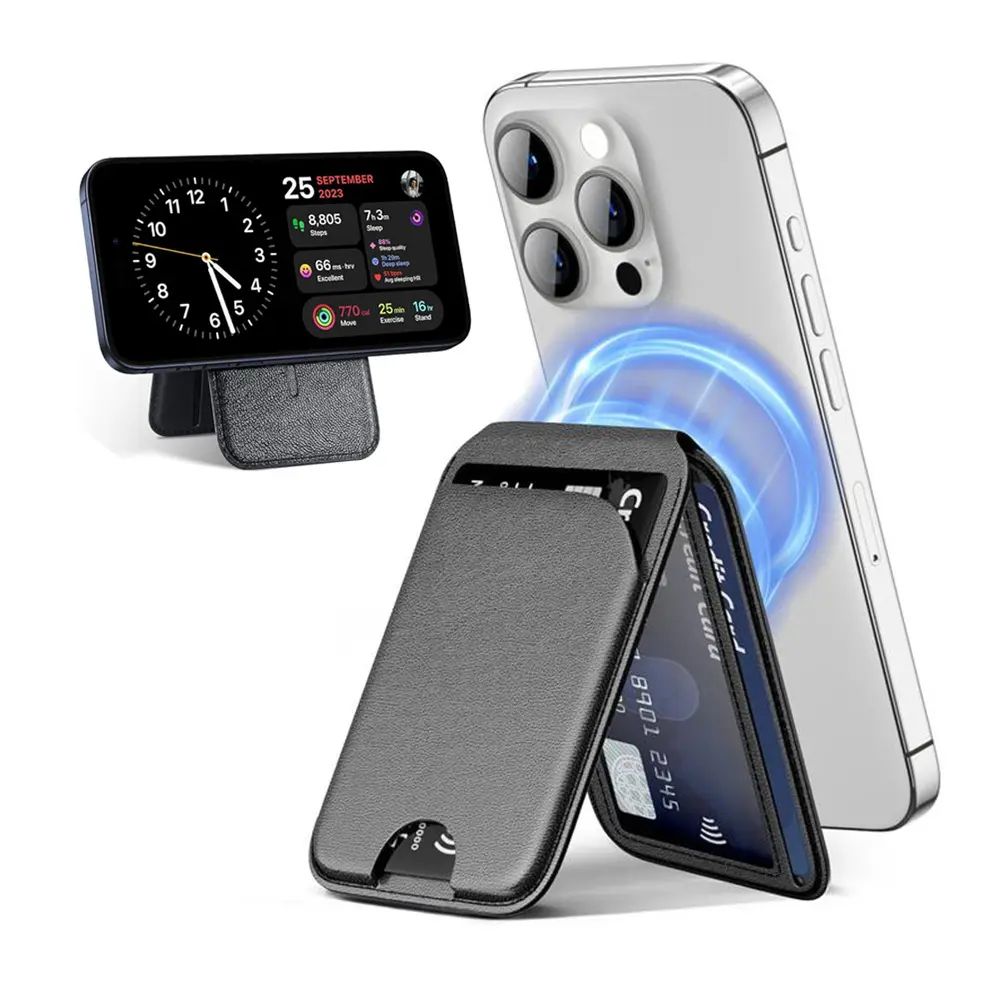 Magnetic Leather Card Wallet-Stand, Flexible Standard Mobile Cellphone Accessory with Triple-Duty Function, Lightweight Adjustable Protective Holder, Compatible with iPhone 12-16 & Compact Devices