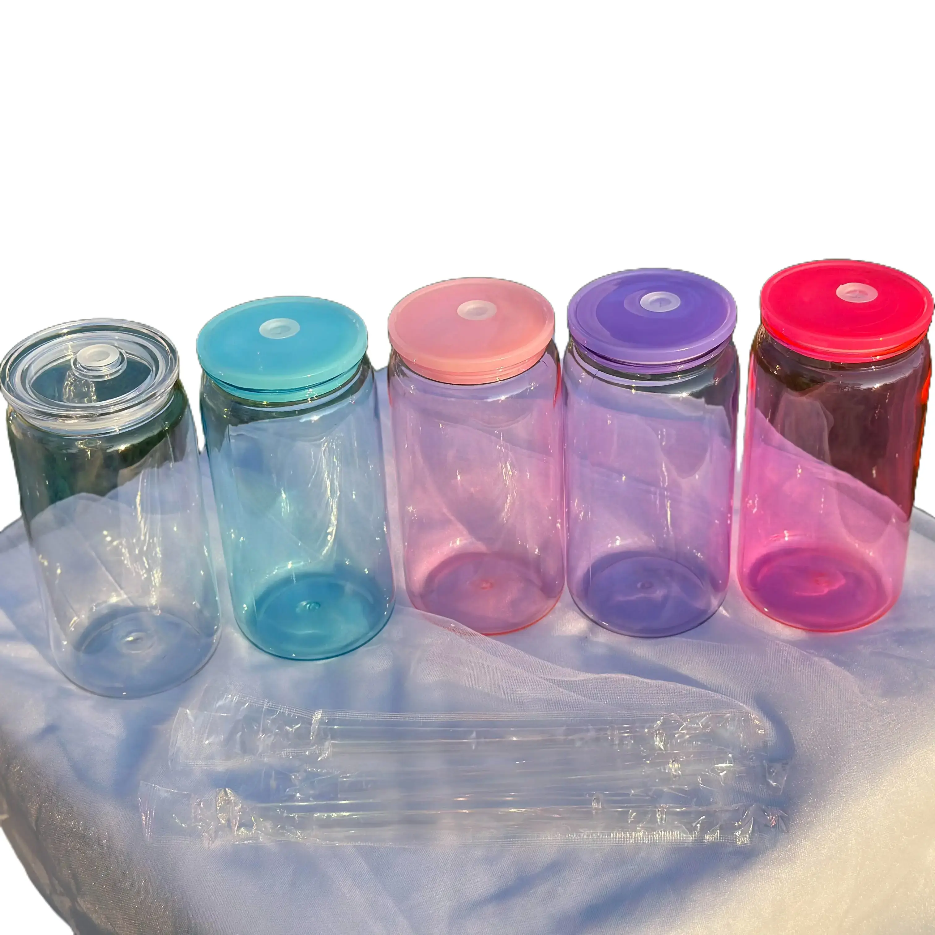 5-Pack 16oz Vibrant Reusable Durable Plastic Water Bottles - Stylish Portable UV DTF Wrap-Friendly Washable Tumblers with Lid and Straw for Beverages