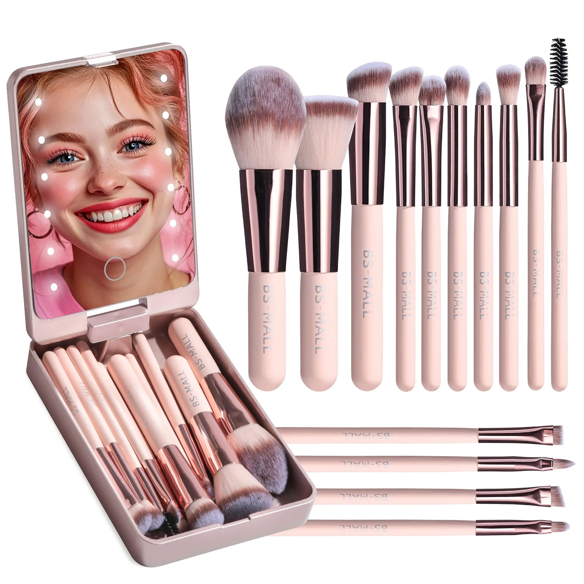 14Pcs/set Travel Makeup Brush Set With LED Light Mirror, 14 Mini Face Makeup Brushes for Foundation Powder Eye Shadows, Portable Makeup Brush Set, Cosmetic Brush Set, Cosmetics Brushes Set, Christmas Gift for Women, with Typ-C charging data cable