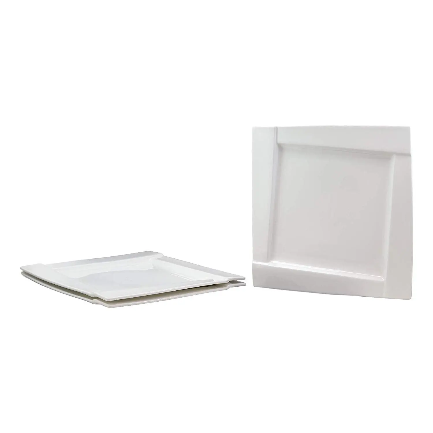Ebros Pack Of 3 Kitchen Dining Modern Contemporary Design White Porcelain Square Plates With Rhombus Well Restaurant Supply Dishwasher And Microwave Safe (12.25" Dinner Plate Style)
