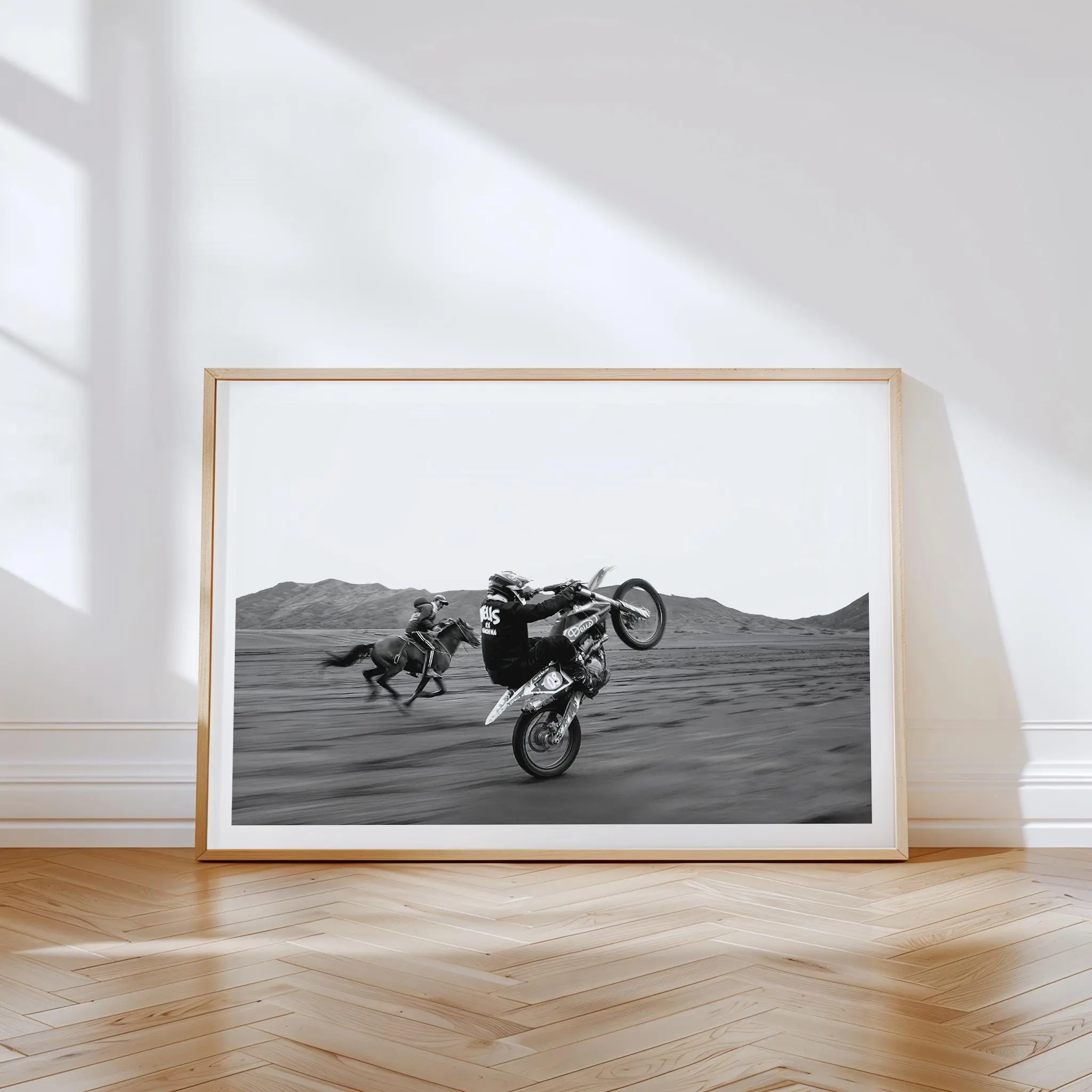 Black & White Motocross Horse Racing Wall Art – Western Desert Action Photography Print, Modern Biker vs Cowboy Home Decor, Poster Unframed