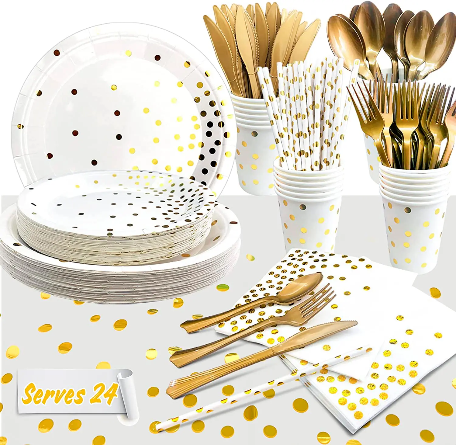 White And Gold Party Supplies, 193 pcs Golden Dot Disposable Party Dinnerware Set, White and Gold Party Paper Plates Cups Napkins Tablecloth, Gold Plastic Forks Knives Spoons for Graduation, Holiday