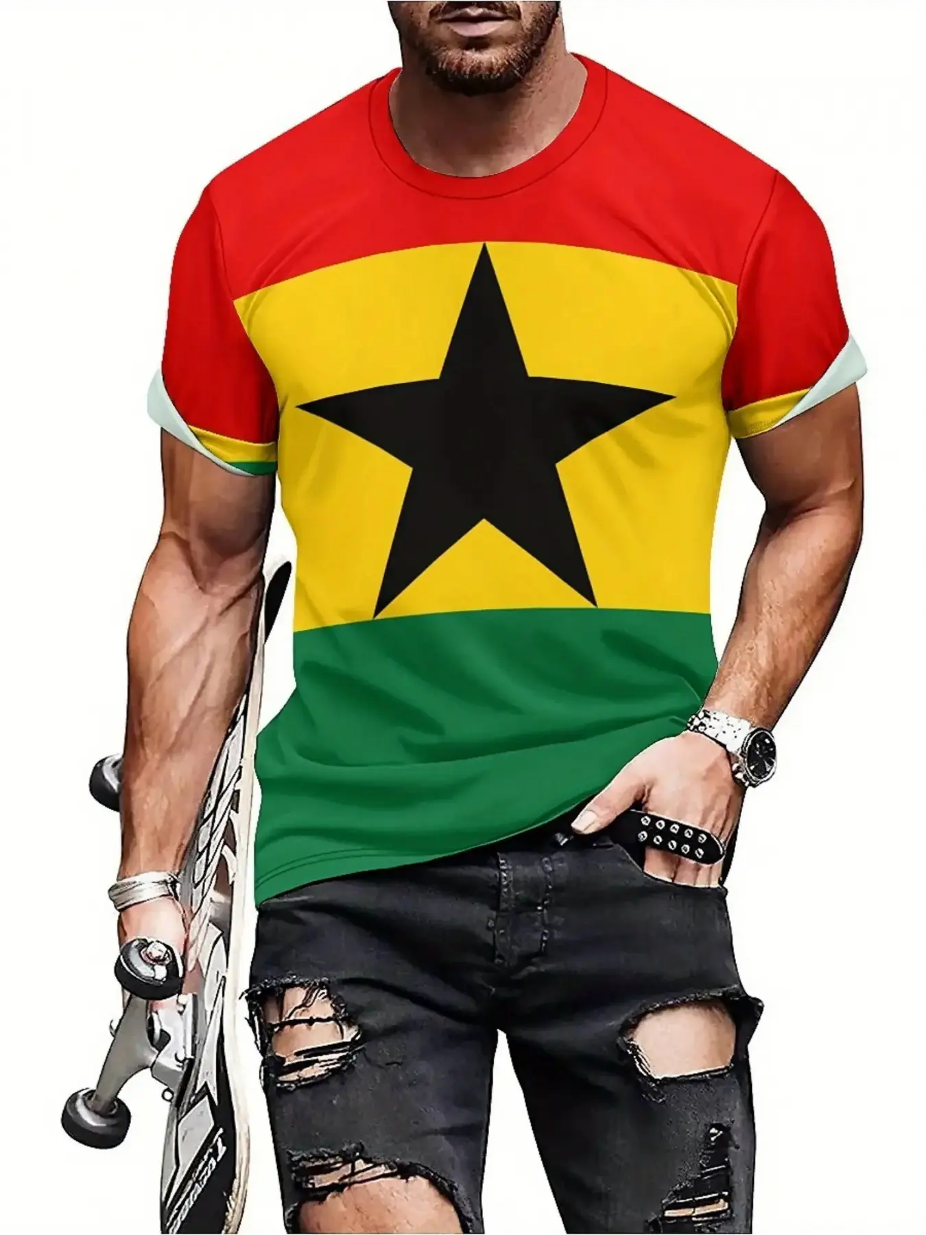 Men's Streetwear, Ghana Flag Tropical T-Shirt, 3D Printed Ghana Cultural Apparel with African Star Emblem, Soft Polyester Fabric, Casual Short Sleeve Round Neck, Crewneck, Red, Green, Perfect Gift for Ghana Fans, Ideal for Adults, Top, Menswear