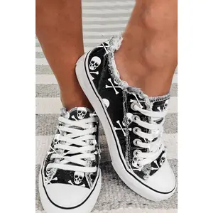 Women's Casual Skull Print Lace-Up Canvas Trainers, Stylish Shoe for Daily Wear, Comfortable Footwear