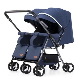 OMNIRA Lightweight Portable Folding Twin Stroller - Side-By-Side Seats Wagon, Compact Double Travel Pushchair for Toddlers, Navy Blue