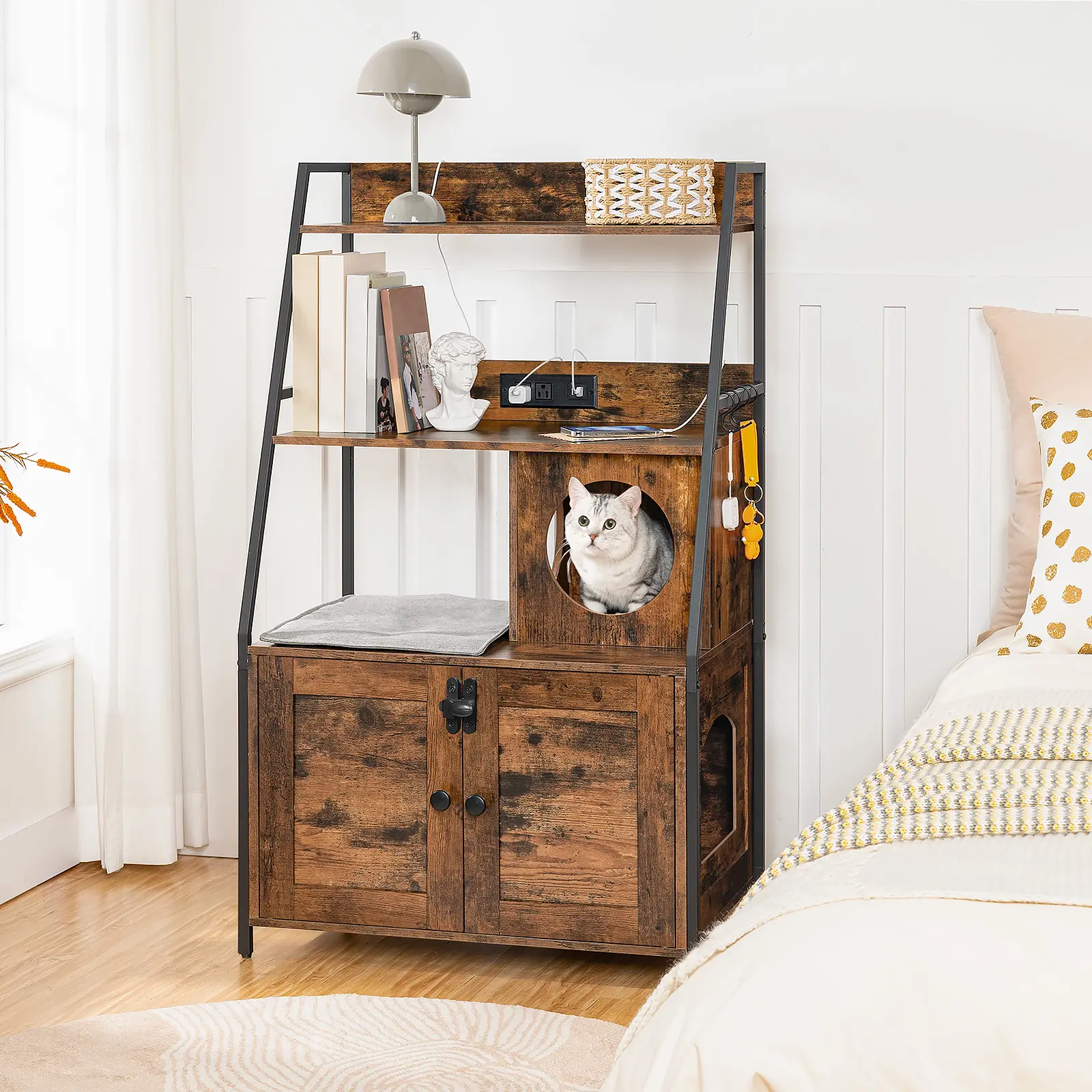 HOOBRO Indoor Tall Cat Litter Box Furniture Hidden with Charging Station with Cat House and Plush Mat,  Litter Box for Cat with 2 Storage Shelves,Rustic Brown and Black #SummerVibes #petlovers