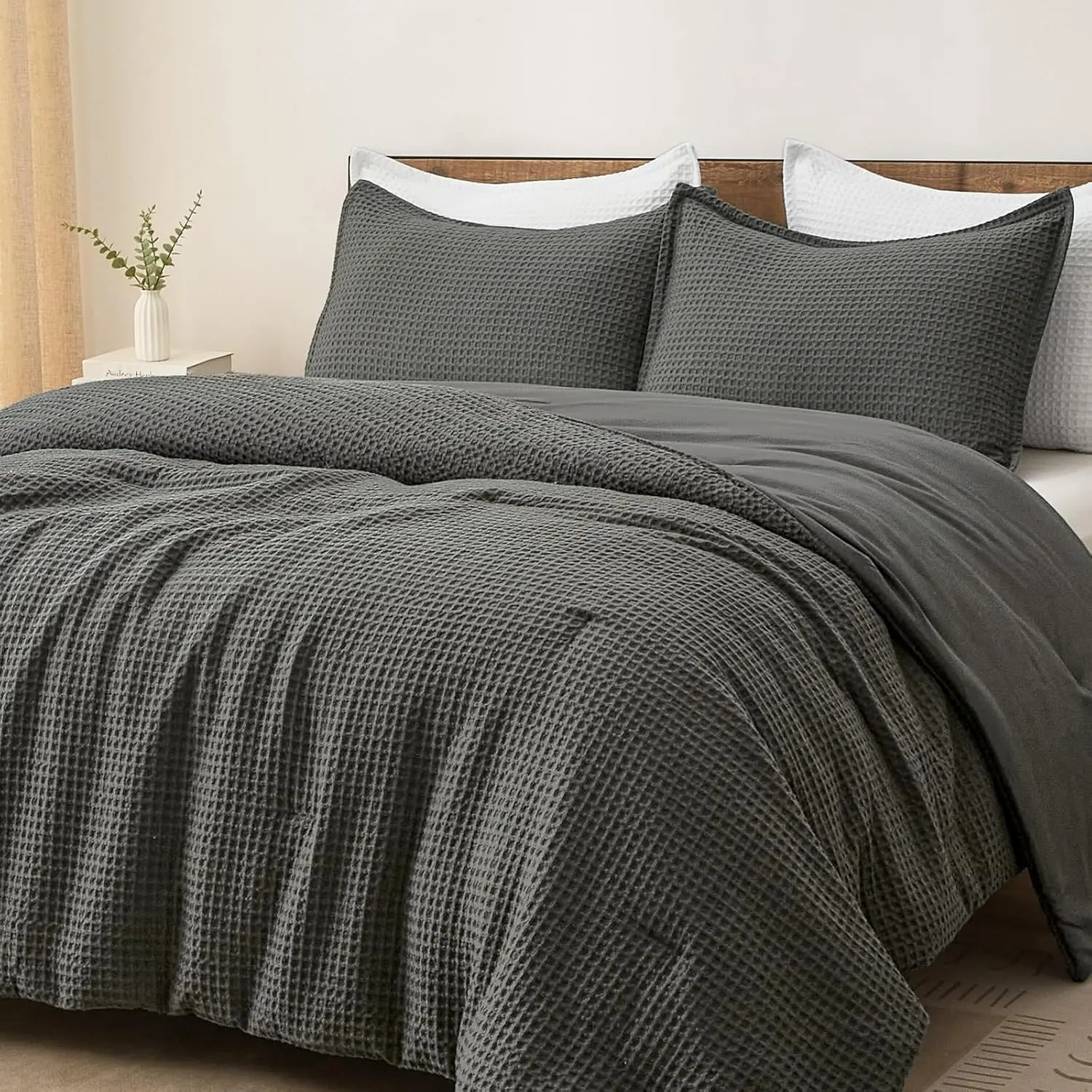 Ultra Waffle Weave King Size Quilted Bedspread Set - Lightweight Fluffy Comforter with 2 Pillow Shams, Polyester Fill, Grey Year-Round Bedding Sets Collections