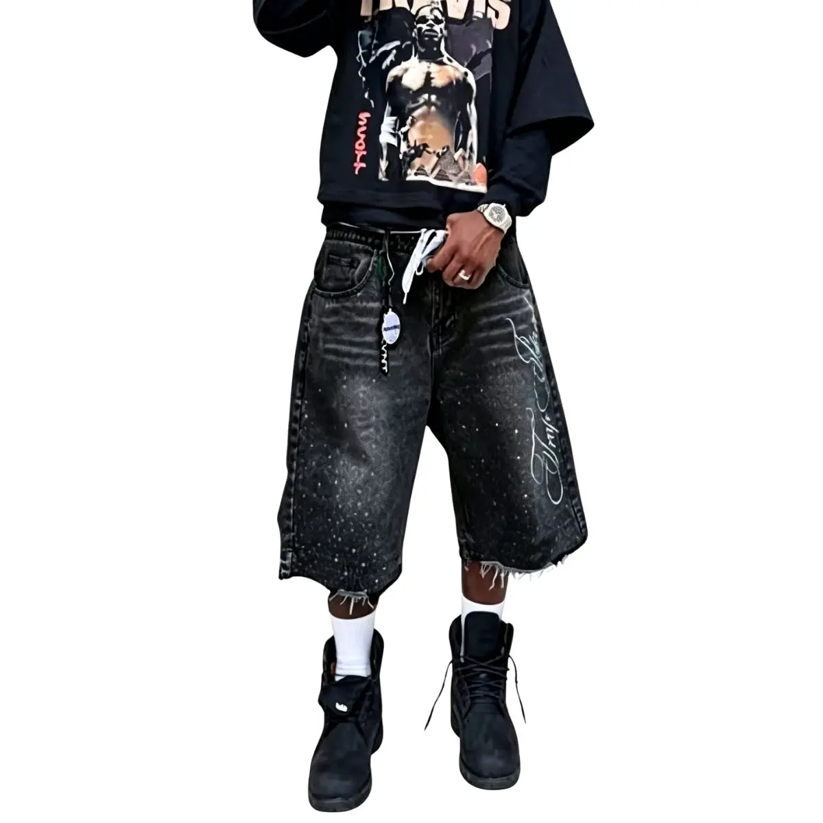 Men's Graphic Denim Bermuda Shorts, Casual High-Street Loose Wide-Leg Fit with Graffiti Embroidery, Paint Splatter, and Rhinestones