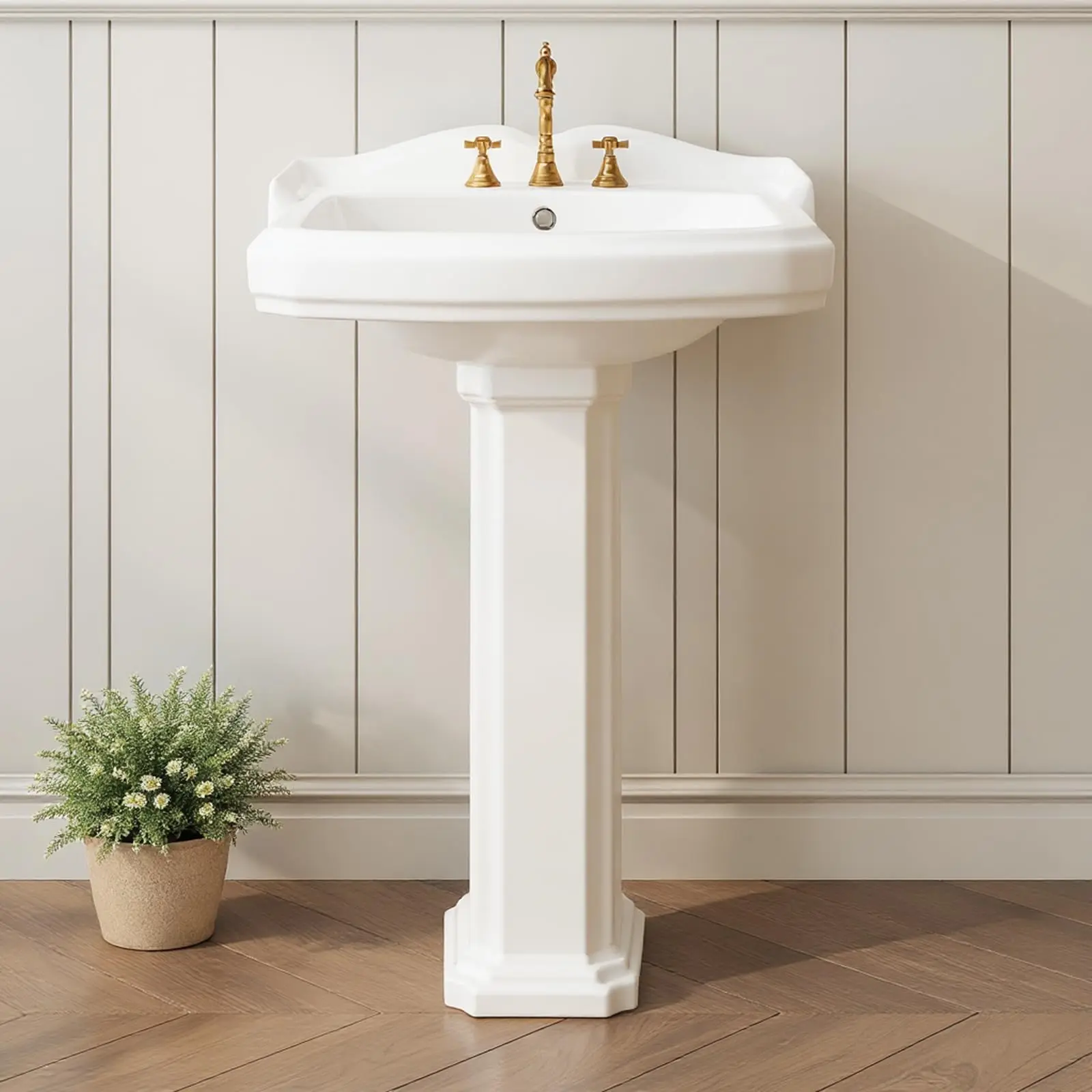 Garvee 23" W x 19" D Bathroom Pedestal Sink in Vintage White Ceramic with Overflow and 3 Pre-Drilled Holes, Fits 8-Inch Faucets, Freestanding Vanity Sink Combo for Small Spaces