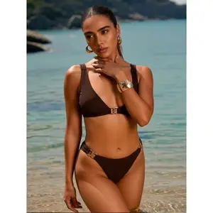 Women's Brown Bikini Set - 2 Piece Swimsuit With Gold Hardware - Padded Push Up Bathing Suit - Summer Beach Pool Swimwear For Women - Adjustable Straps