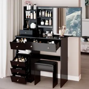 37" Vanity Desk Set with Sliding Mirror, Makeup Vanity Table, Dressing Table with Drawers & Cushioned Stool, High Capacity Storage Fashionable Makeup Dressing Set, EPA, GCC, UL Certificate, Black