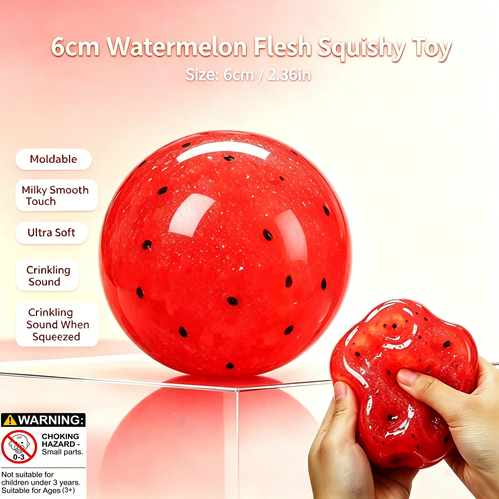Viral Watermelon Squishy Toy 6cm/2.4in - Crunchy Crackling Sound ASMR Fidget, Super Soft Gel-Filled Moldable Non-Return Fluid Feeling Stress Relief Squeeze Ball