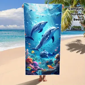 1PC Vivid Ocean Scene Beach Towel, Absorbent Pool Swimming Towel with Dolphin Coral Reef Design, Ideal for Beach, Travel, Camping Yoga, Beach Accessory, Durable Fabric