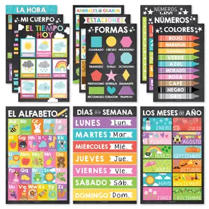 Colorful Chalk Spanish Posters | Set of 12 | Spanish Educational Supplies Duplicate for TikTok Shop Learning Materials Classroom Decoration