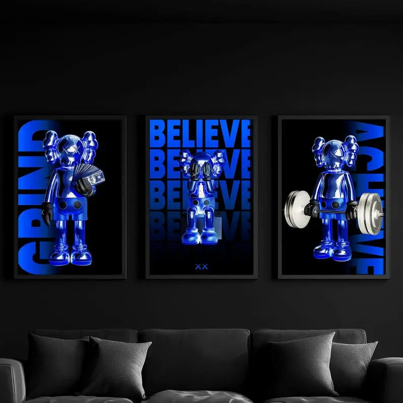 Set of 3 Blue KAWS MotivationalWall Art Posters, Hypebeast Decor Prints #311 Modern Art Design Decoration