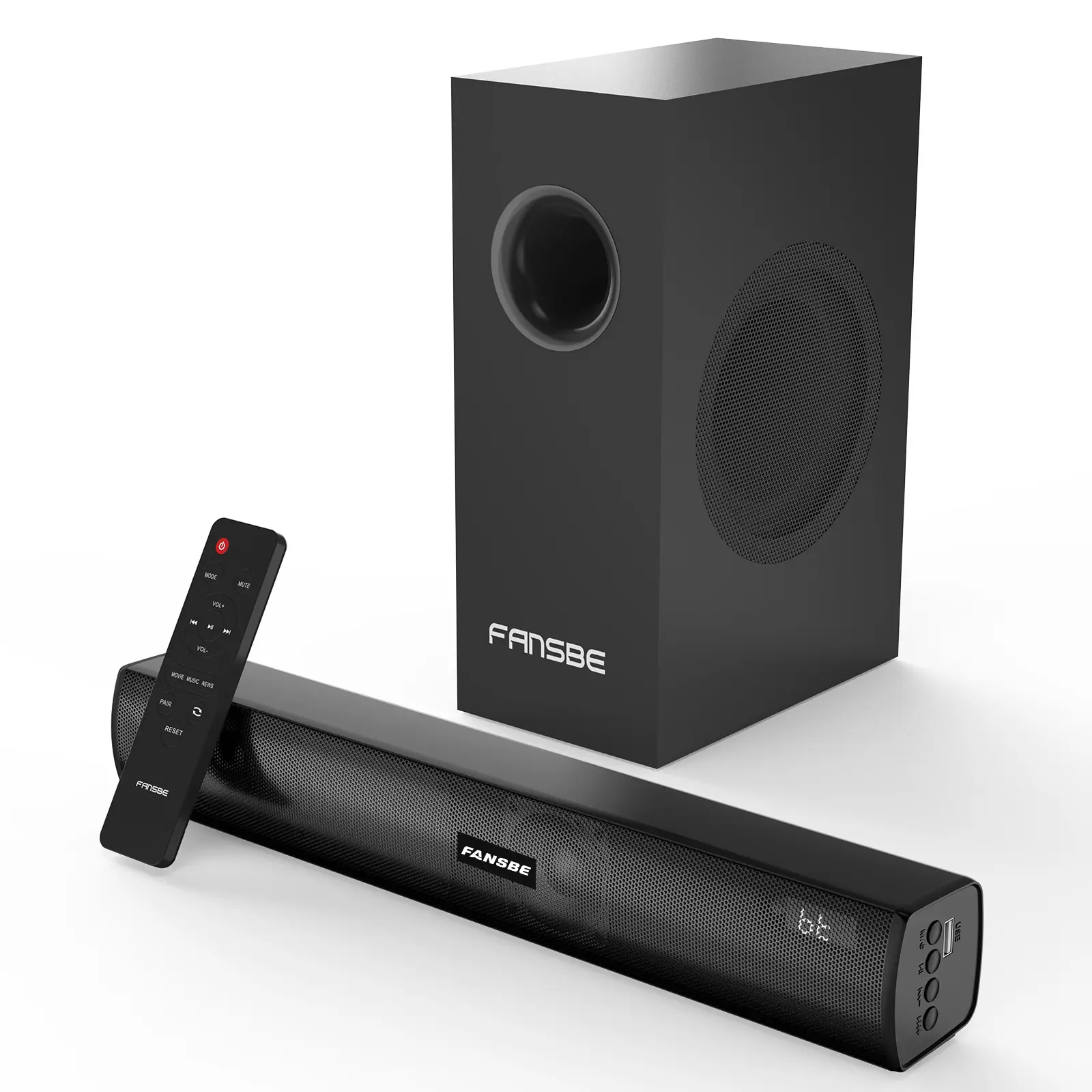 Fansbe TV Sound Bar with Subwoofer, 2.1 Channel Home Theater Audio System, Bluetooth Sound Bar for Smart TV, HDMI ARC/Optical/Coaxial/AUX/USB TV Speakers for PC, Projector and Gaming, Remote Control, Black summervibes️