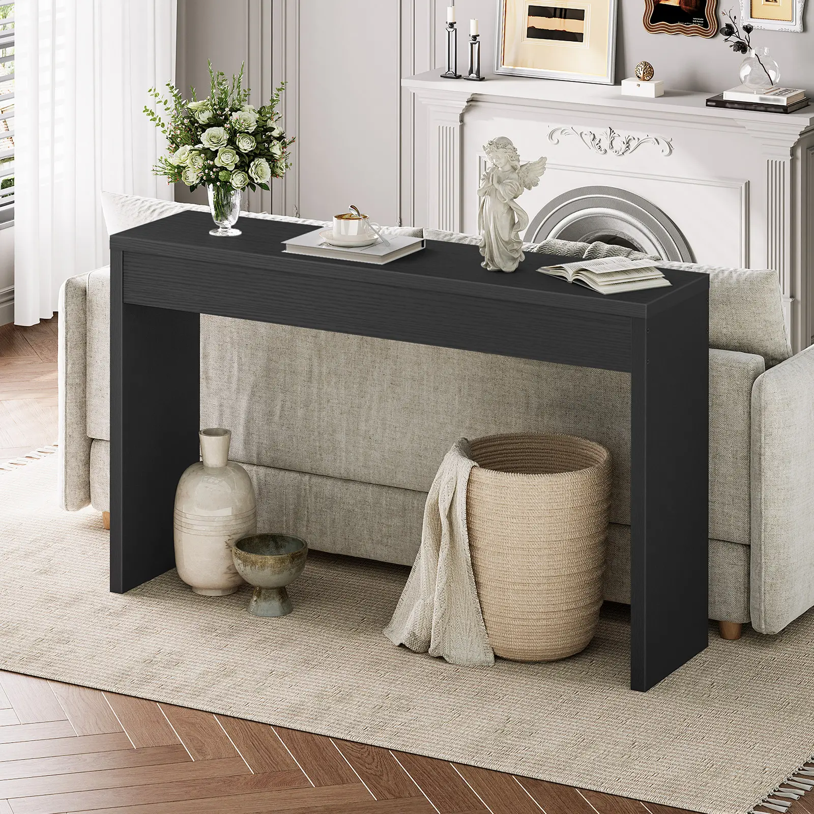 HOOBRO 47.2” Accent Console Table with Front Apron, Minimalist Style Entrance Table, Open Storage Sofa Table for Entrance, Hallway, Living Room, Bedroom, Dining Room, Corridor, Black #SummerVibes