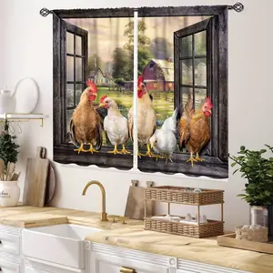 Rooster Kitchen Curtains, Farmhouse Country Farm Animal Rural Rustic Chicken Pattern Printed Blackout Small Short Window Drapery Treatments For Bedroom Living Room Dining Room 2 Panels ruffle boho cortina doble forro space