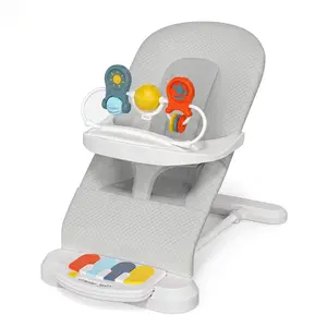Baby Bouncer 4-in-1 Design with Music Panel & Kick Piano, 3 Adjustable Recline (15°/30°/60°), Foldable, Baby-Safe Skin-Friendly Fabric & Removable Feeding Tray