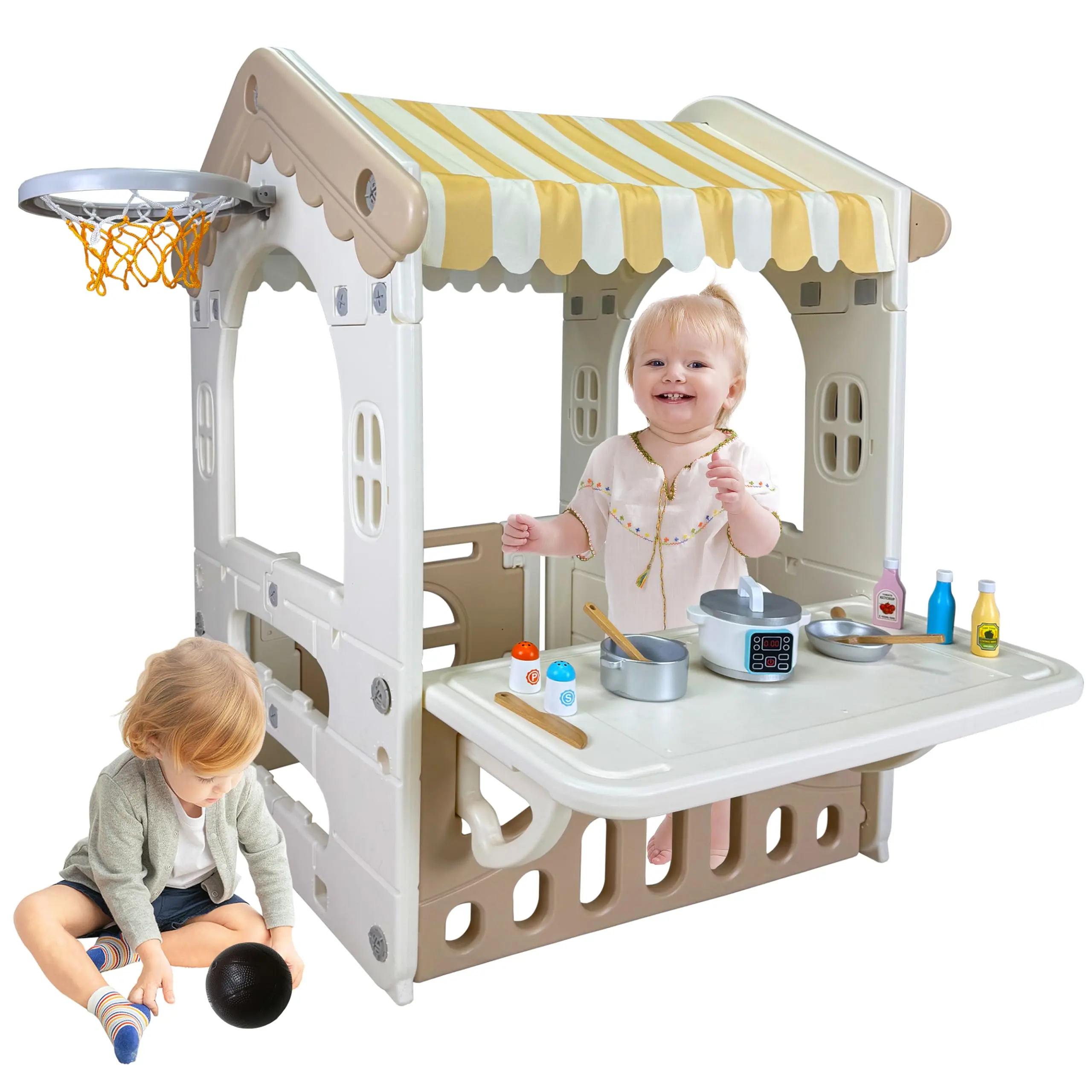 Unisex Rectangular Kids Playhouse (41.3"x31.4"x29") with Playhouse Design, 1+ Years Indoor-Outdoor Durable Plastic Backyard Playsets, Working Doors, Worktop, Basketball Hoop for Child Development, 41.3" X 31.4" X 29"