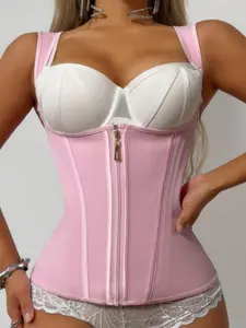 1 Count Women's Solid Color Hourglass Shaping Corset, Adjustable Hook Tank, Zipper Closure Waist Trainer, Compression Tummy Control Shaperwear Tops, Firm Support Vest, Comfortable Stretch Underwear, Suitable For Office & Outdoor